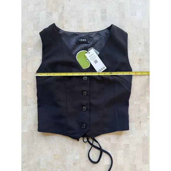 Cider Women's Size S Black Sleeveless Button Front Vest Top Tie Back NEW NWT - Picture 3 of 6